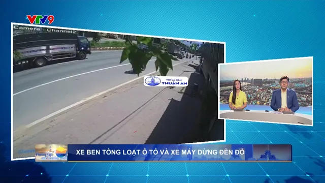 Camera giao thông: Xe ben tông loạt ô tô và xe máy dừng đèn đỏ